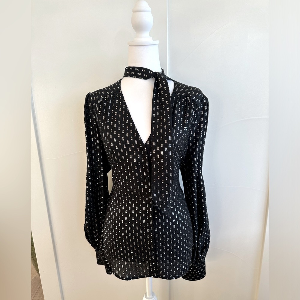 NWT Paige Cleobelle Silk Tie Neck Blouse Black Metallic Large